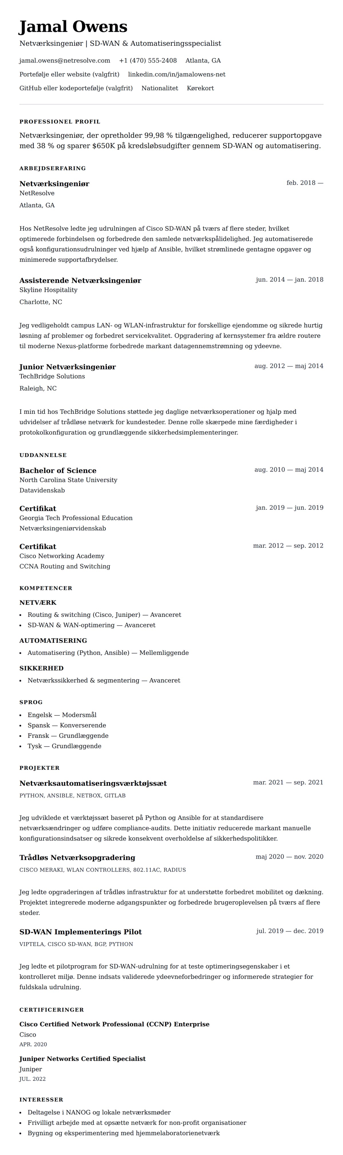 CV-forhåndsvisning for Netværksingeniør CV Eksempel