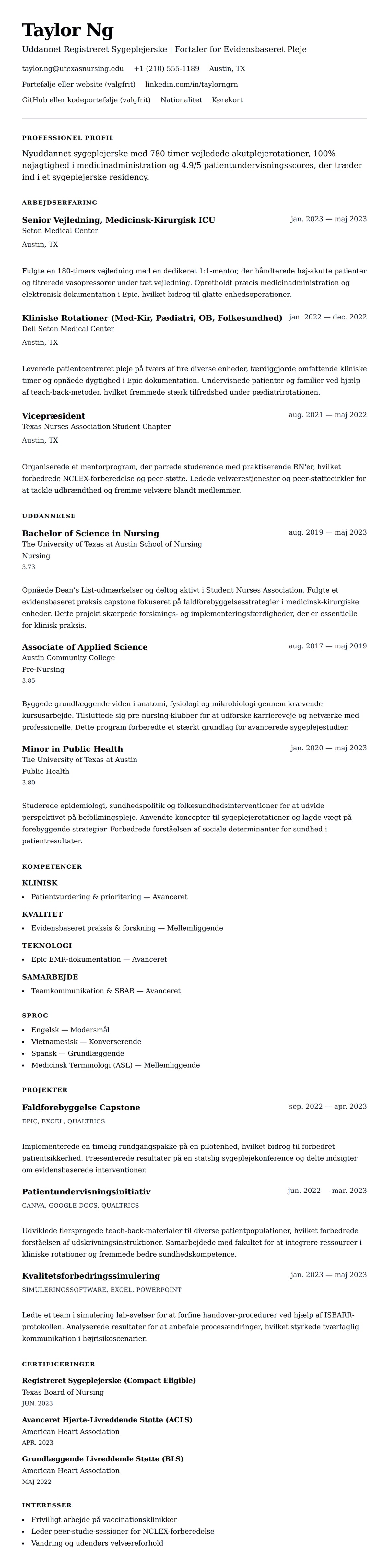 CV-forhåndsvisning for Eksempel på CV for Nyuddannet Sygeplejerske