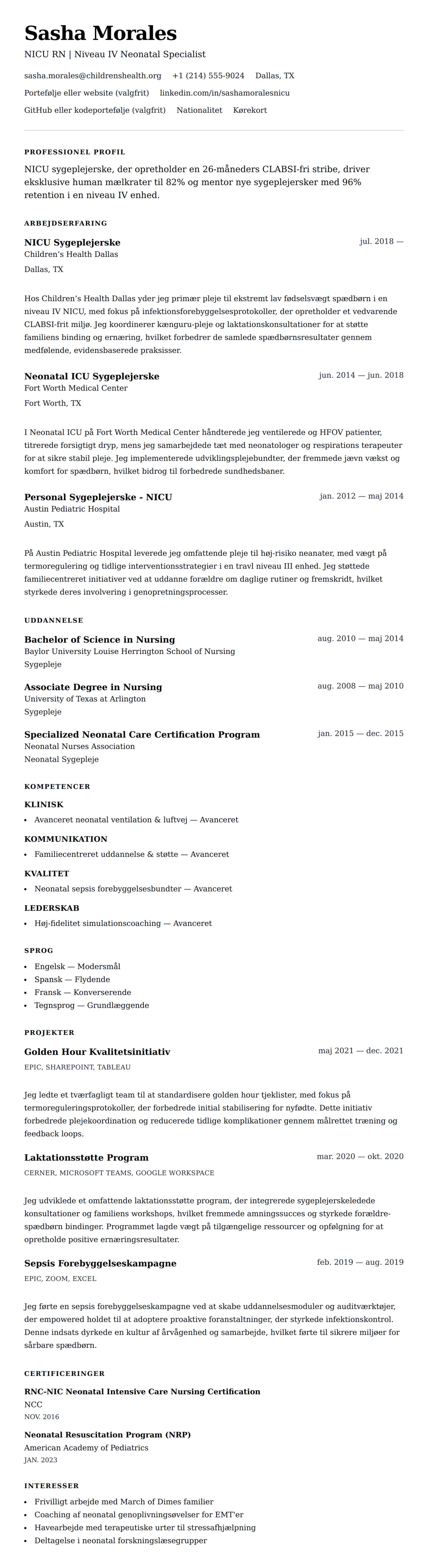 CV-forhåndsvisning for NICU Sygeplejerske CV Eksempel