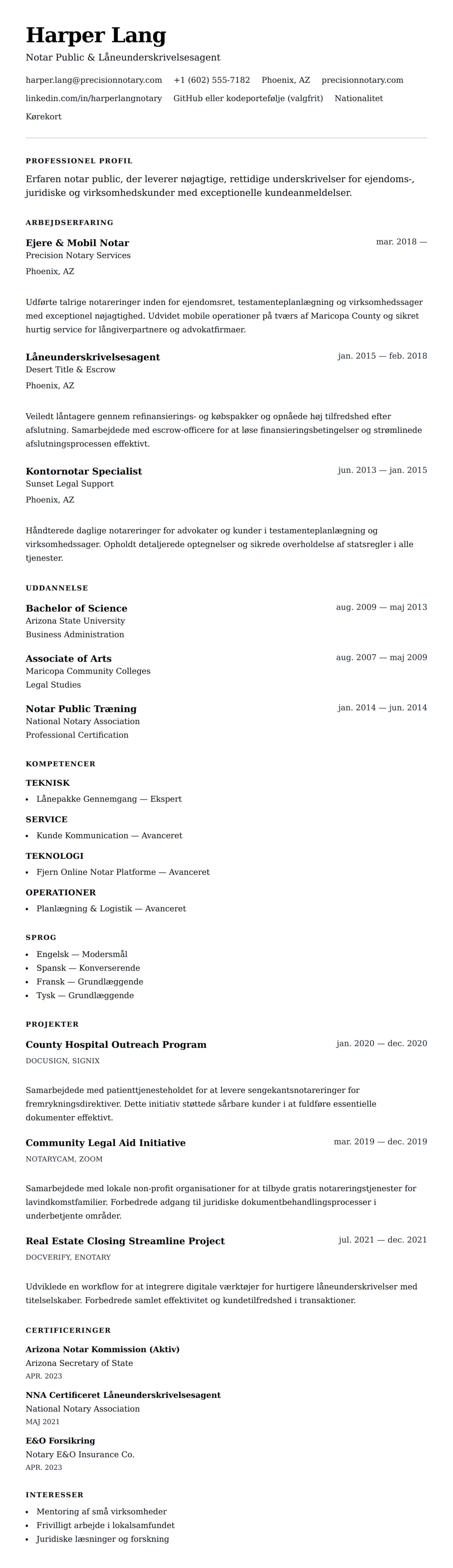 CV-forhåndsvisning for Notar CV Eksempel