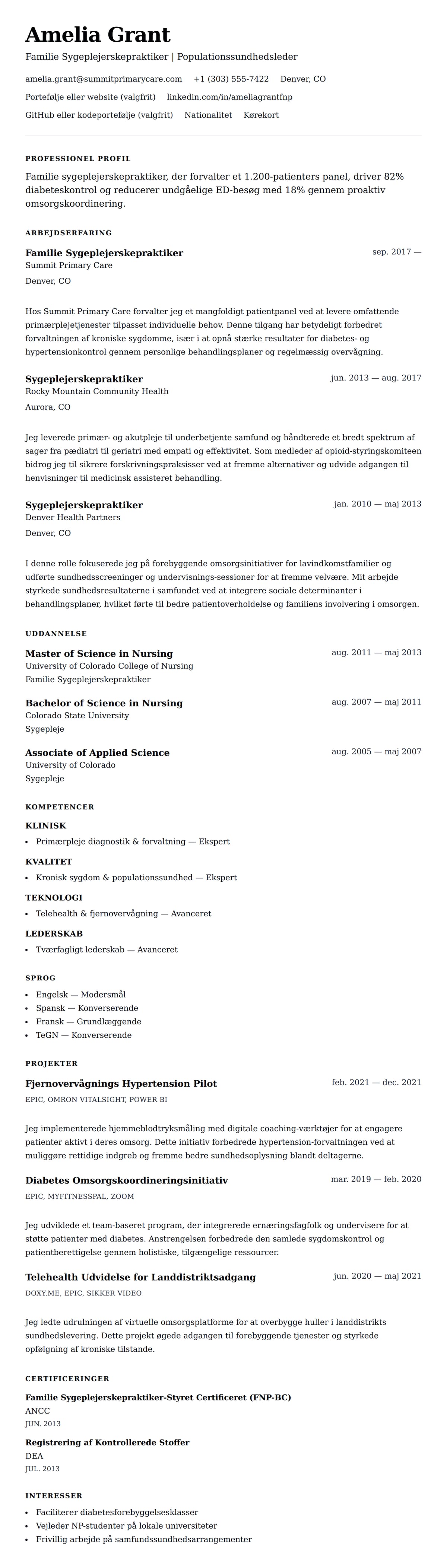 CV-forhåndsvisning for Sygeplejerskepraktiker CV Eksempel