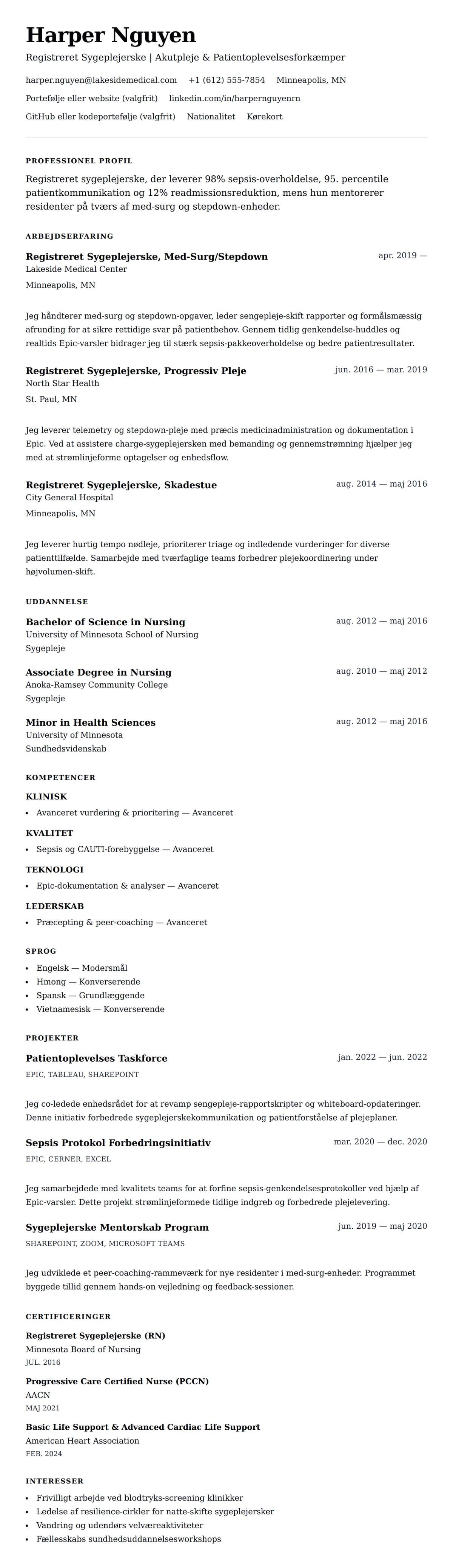 CV-forhåndsvisning for Sygeplejerske CV-eksempel