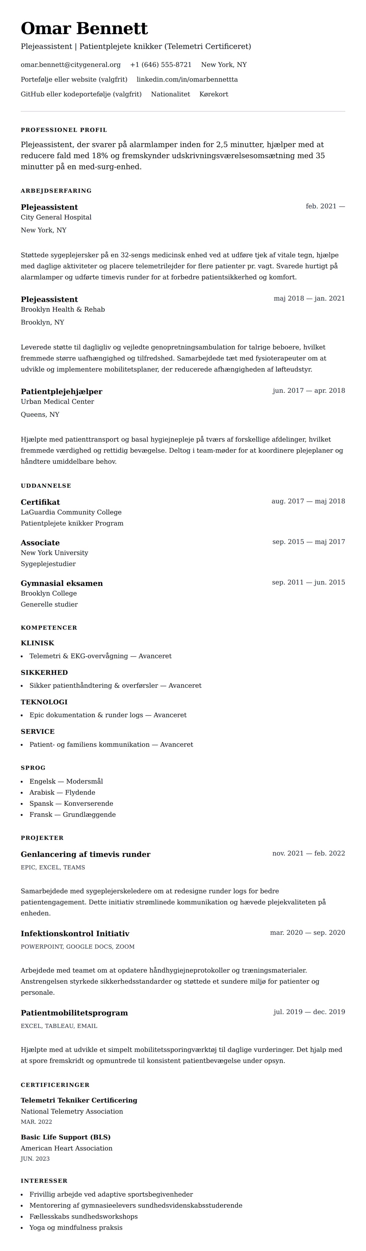 CV-forhåndsvisning for Plejeassistent CV Eksempel