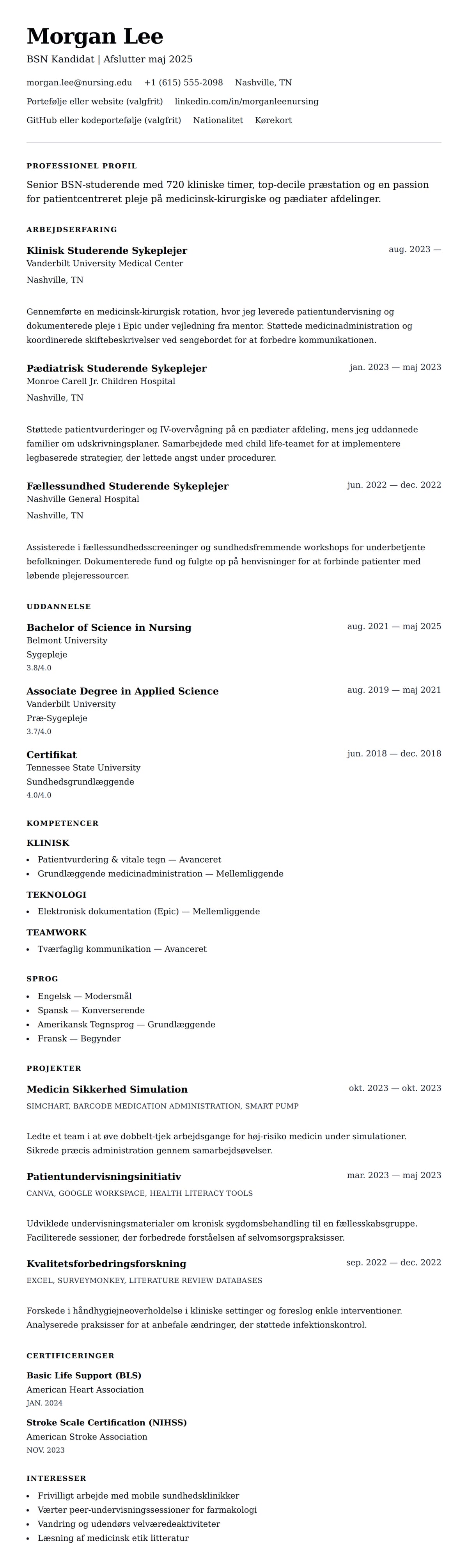 CV-forhåndsvisning for Eksempel på CV for Sykeplejestuderende