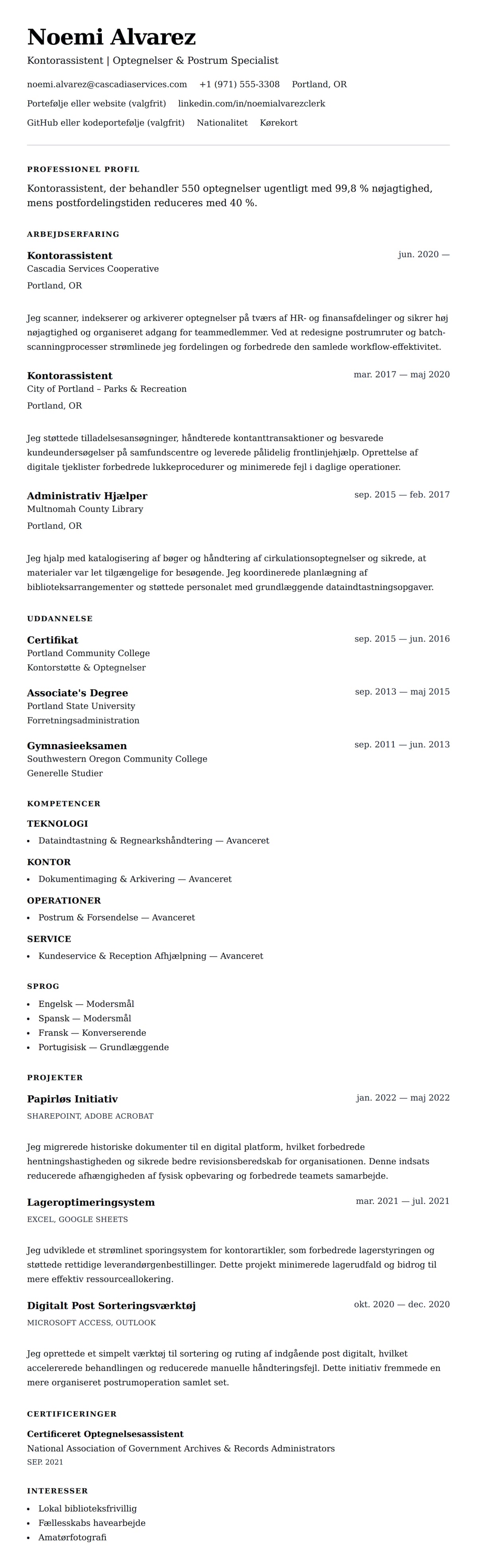 CV-forhåndsvisning for Kontorassistent CV Eksempel