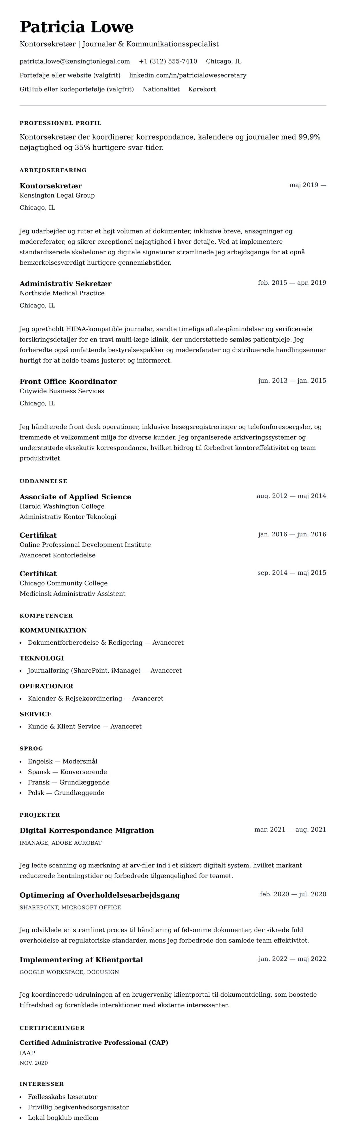 CV-forhåndsvisning for Kontorsekretær CV Eksempel