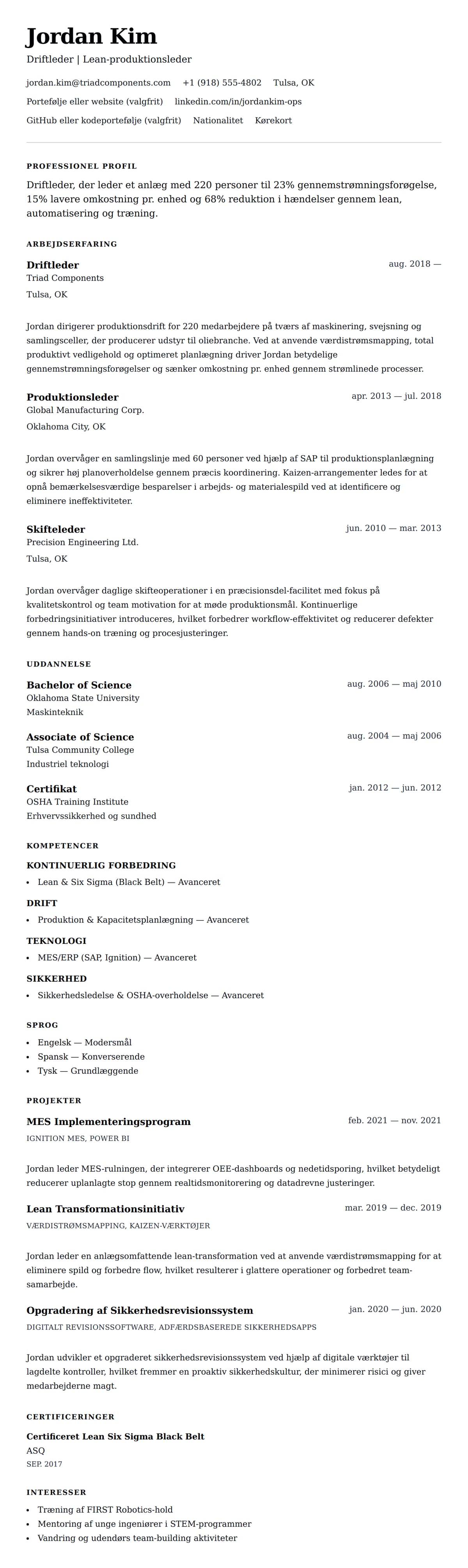 CV-forhåndsvisning for Eksempel på CV for Driftleder