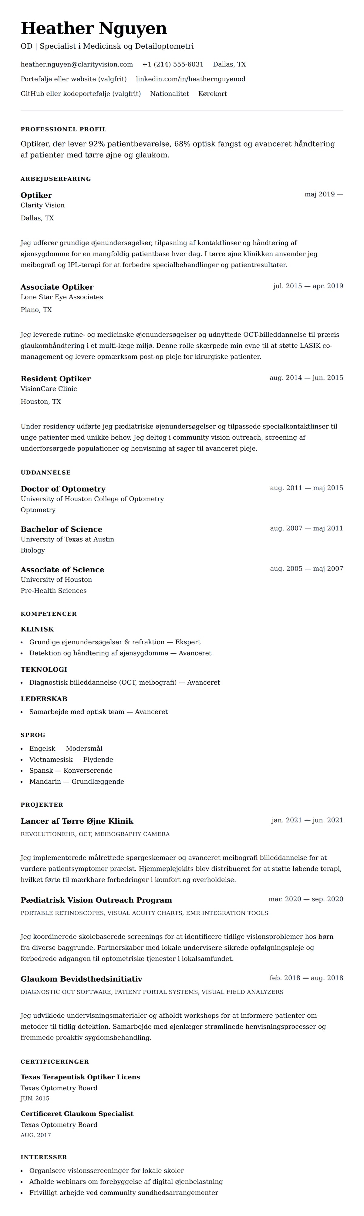 CV-forhåndsvisning for Optiker CV Eksempel