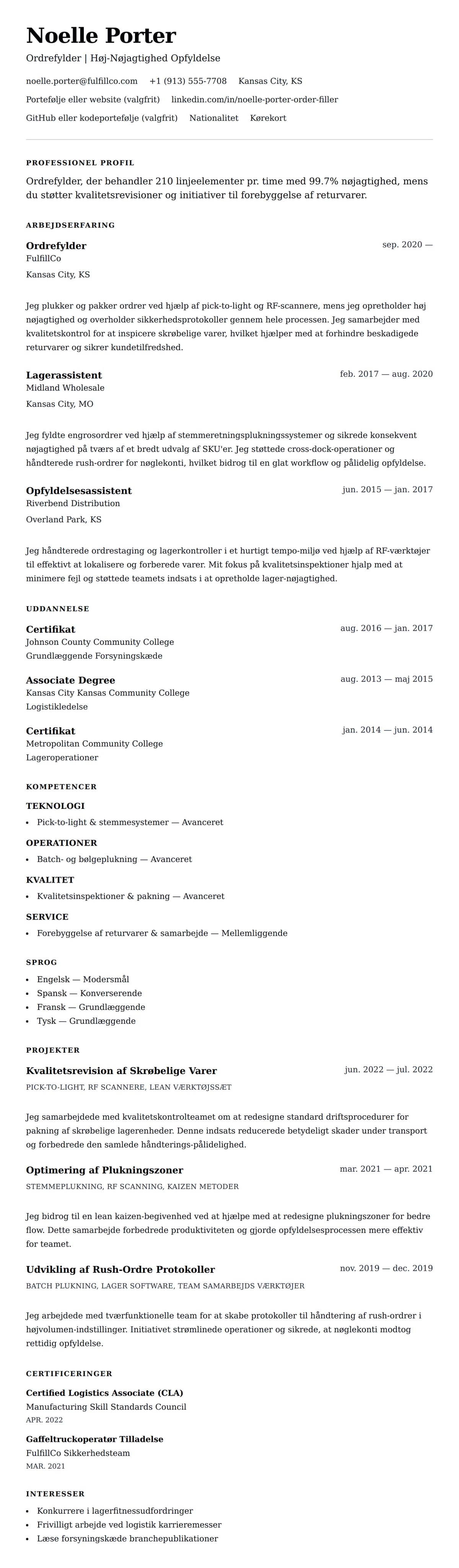 CV-forhåndsvisning for Ordrefylder CV Eksempel