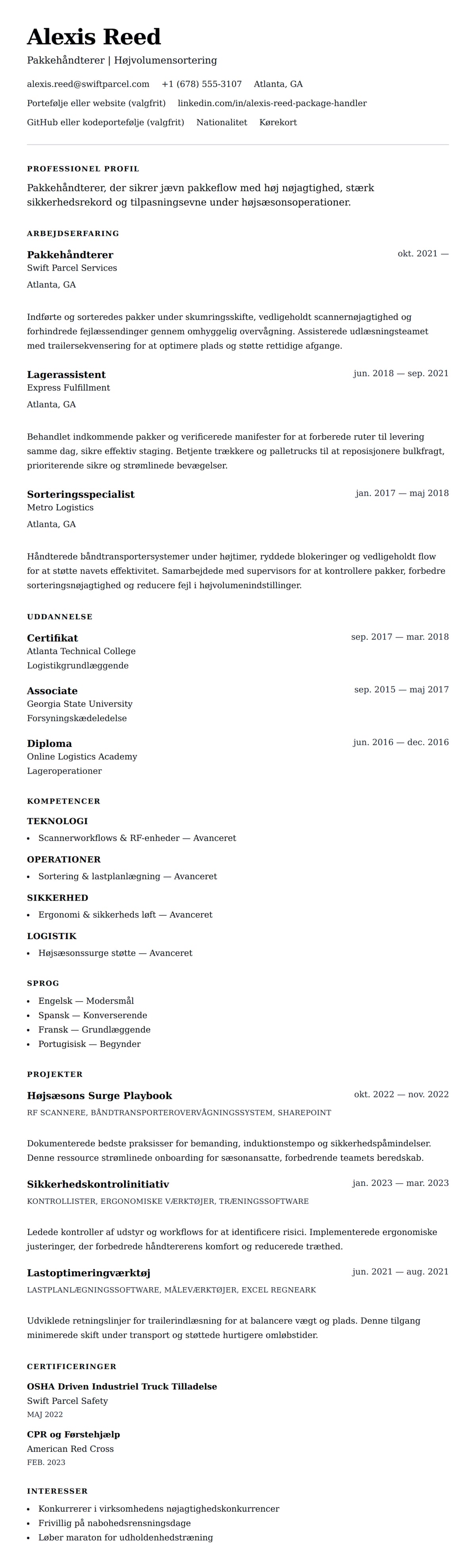 CV-forhåndsvisning for Pakkehåndterer CV Eksempel