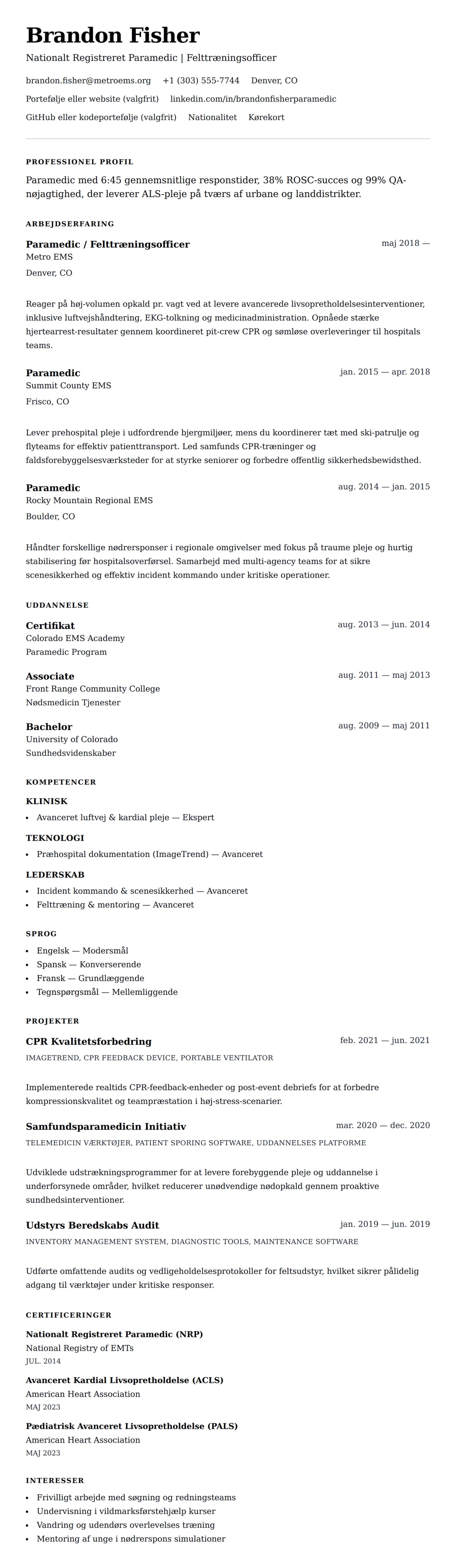 CV-forhåndsvisning for Paramedic CV Eksempel