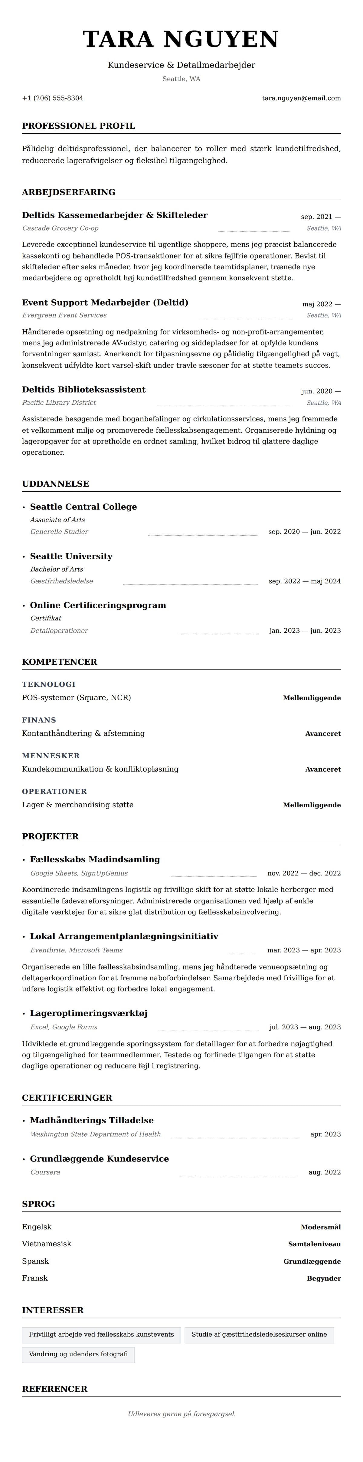 CV-forhåndsvisning for Eksempel på CV for Deltidsjob