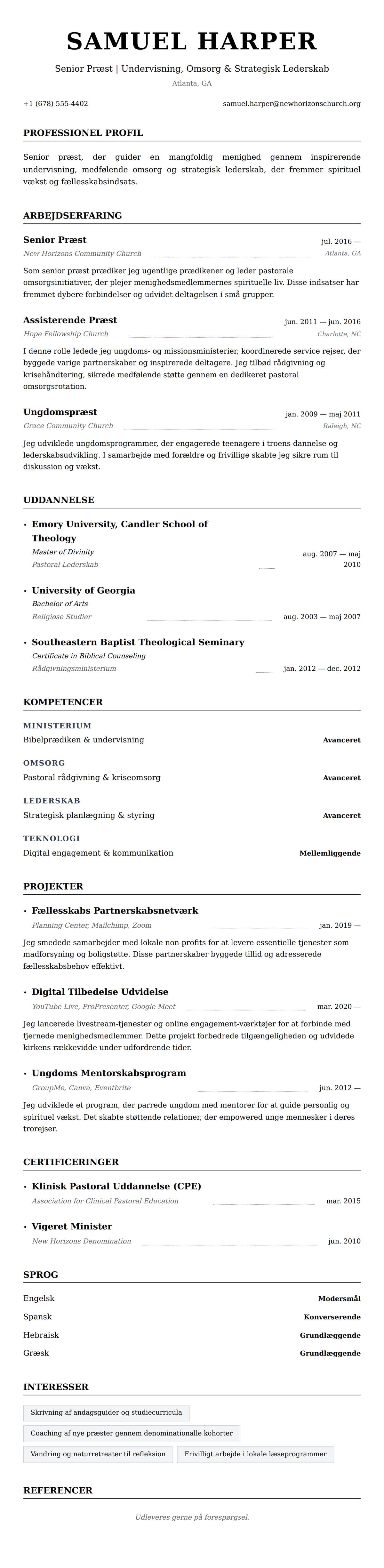 CV-forhåndsvisning for Præst CV Eksempel