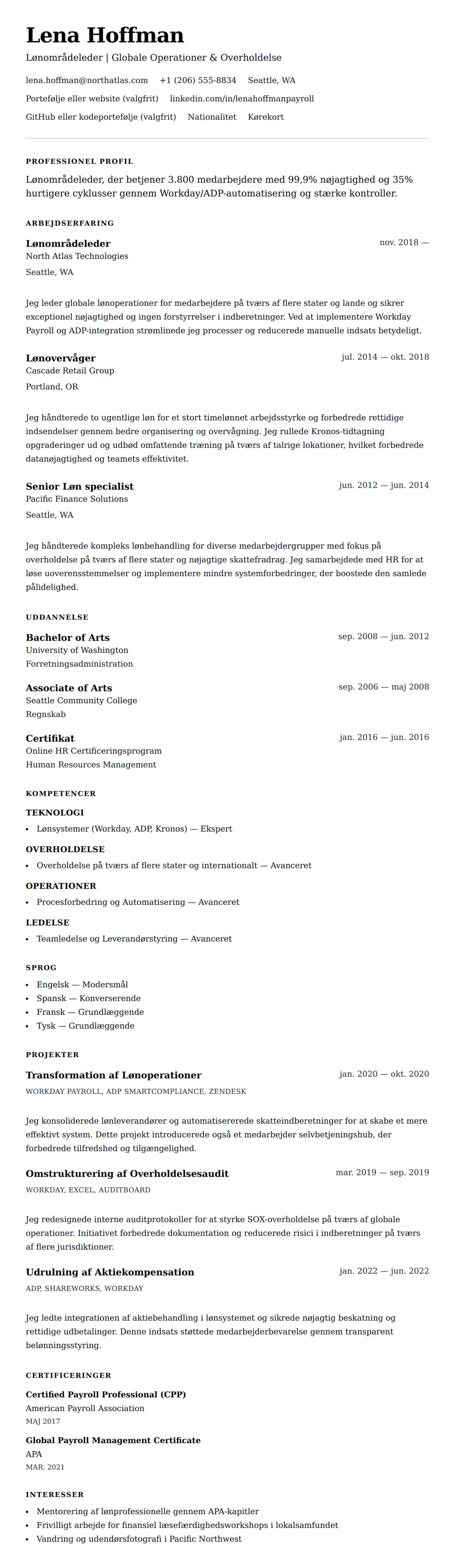 CV-forhåndsvisning for Eksempel på CV for Lønområdeleder