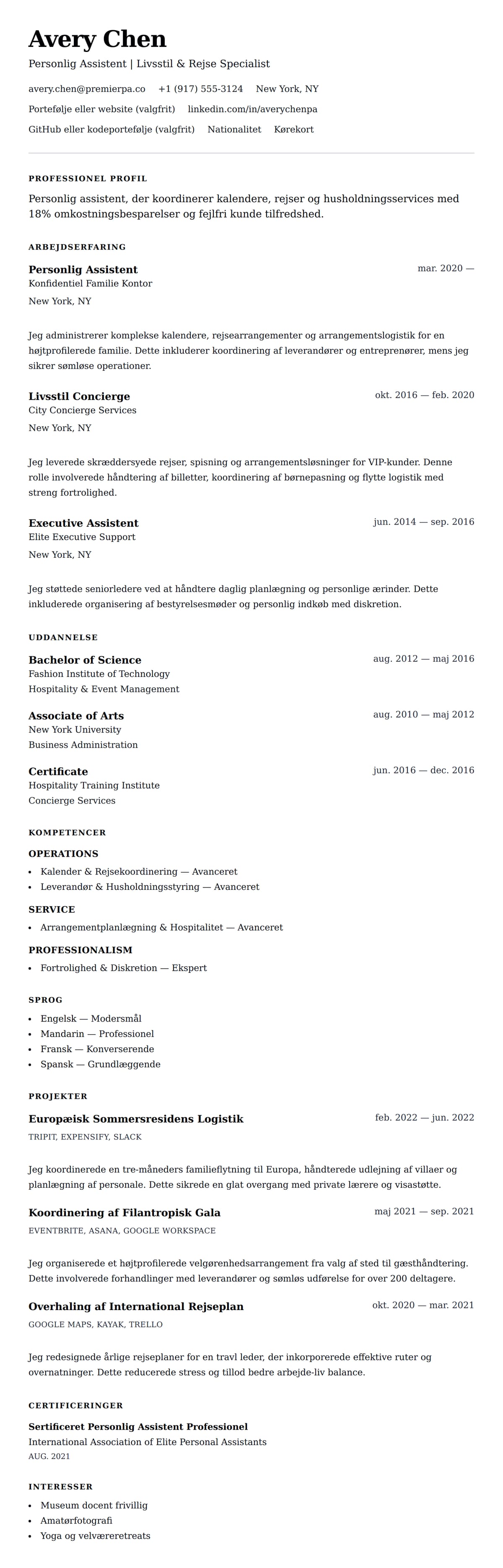 CV-forhåndsvisning for Eksempel på CV for Personlig Assistent