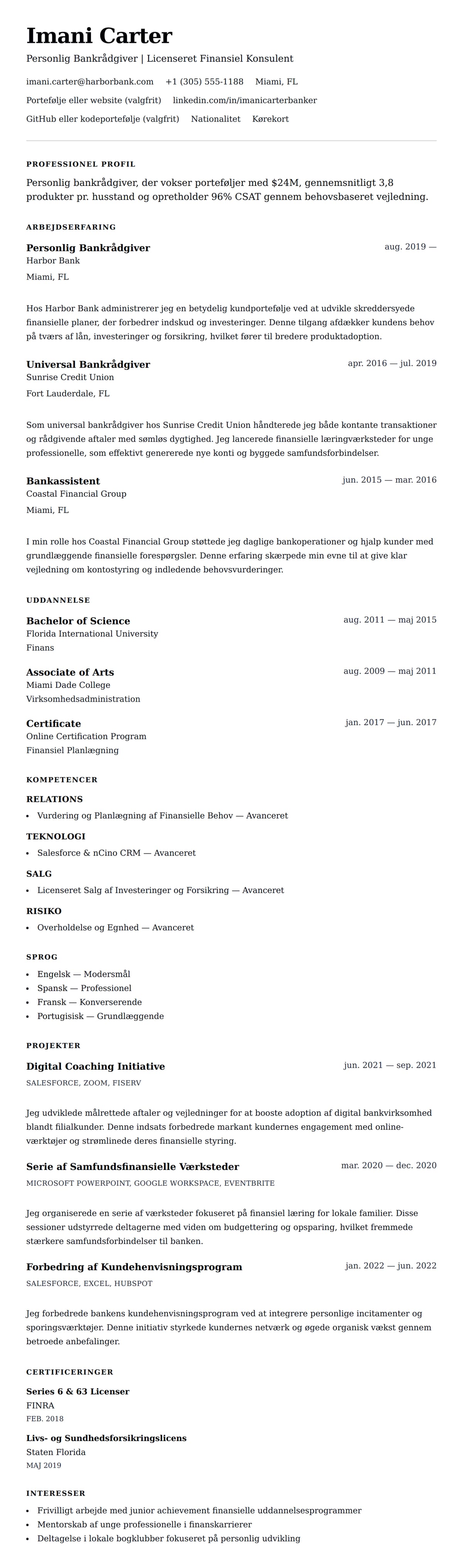 CV-forhåndsvisning for Eksempel på CV for Personlig Bankrådgiver