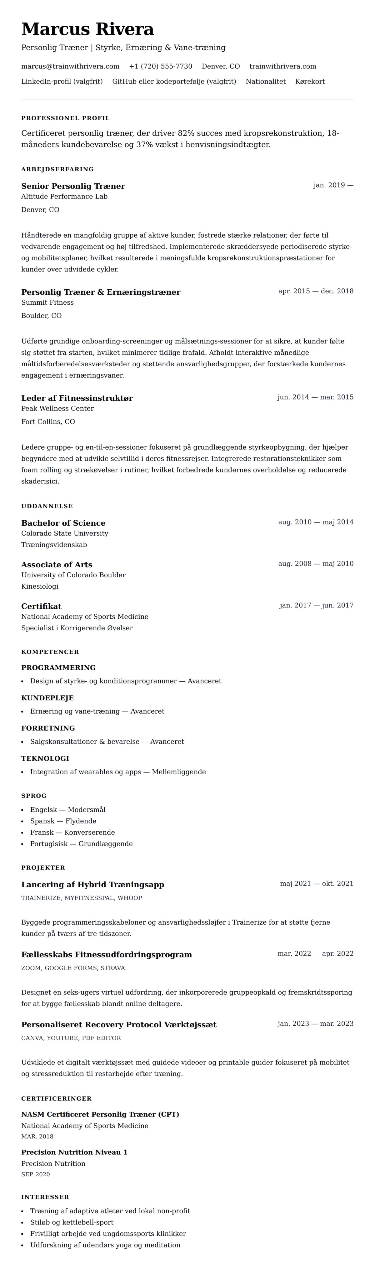 CV-forhåndsvisning for Eksempel på CV for Personlig Træner