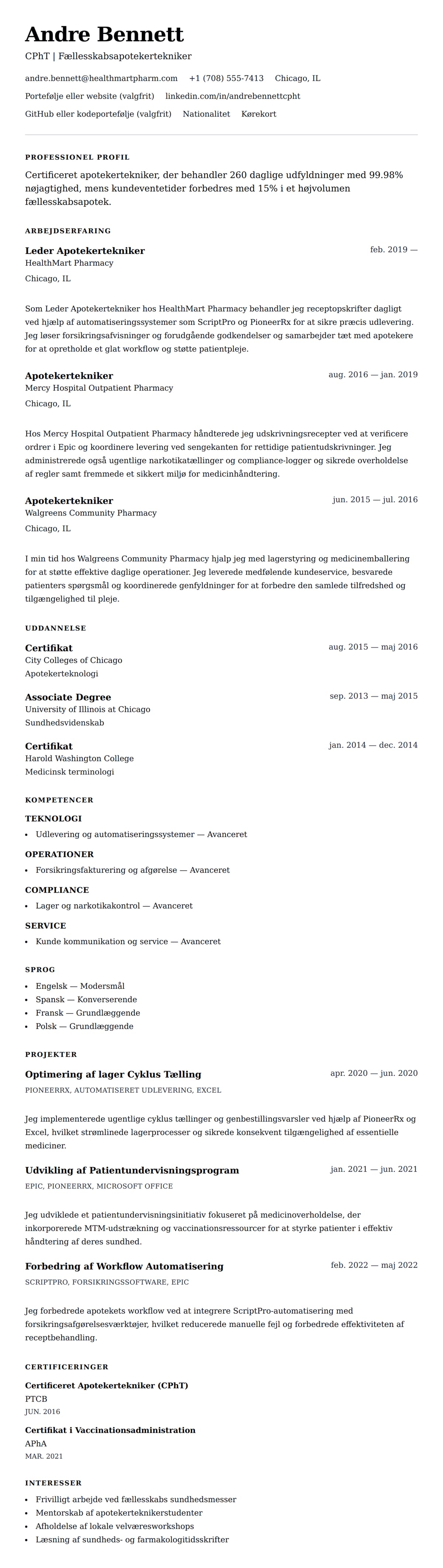 CV-forhåndsvisning for Apotekertekniker CV-eksempel