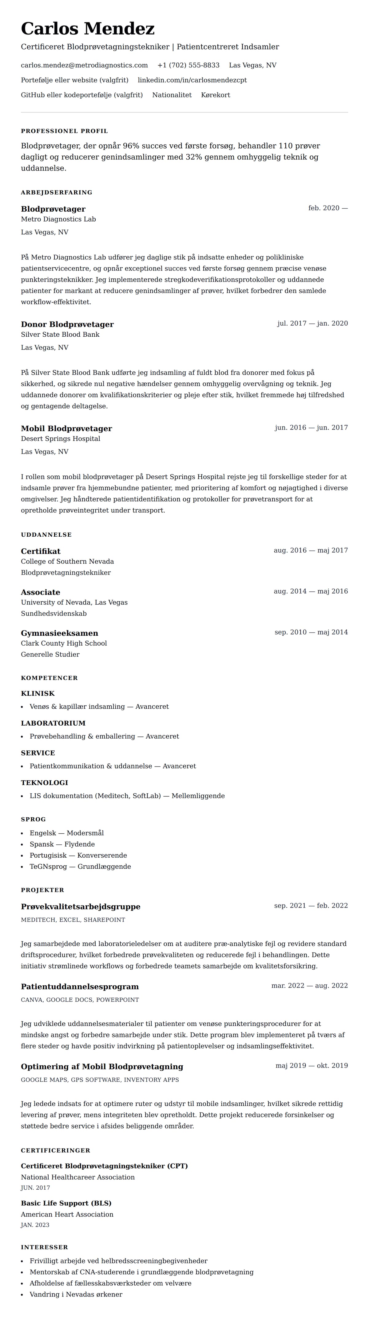 CV-forhåndsvisning for Eksempel på CV for Blodprøvetager