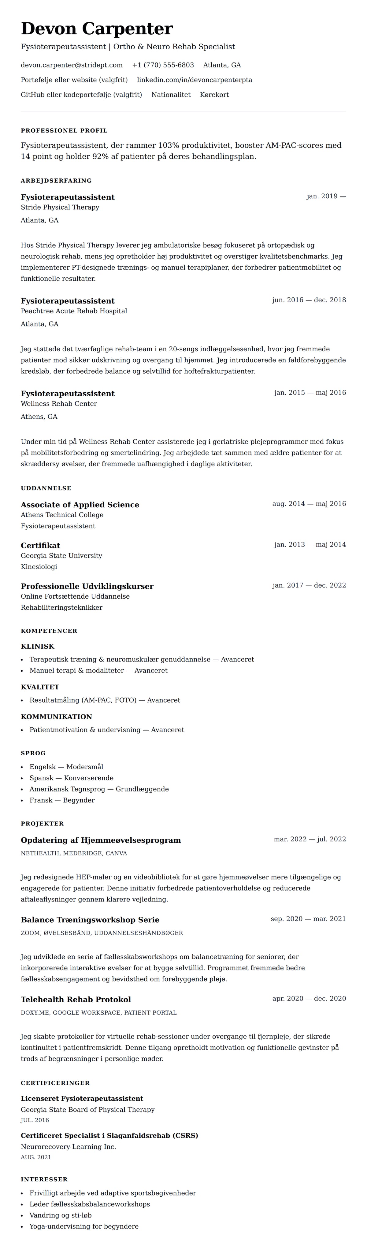 CV-forhåndsvisning for Fysioterapeutassistent (PTA) CV-eksempel