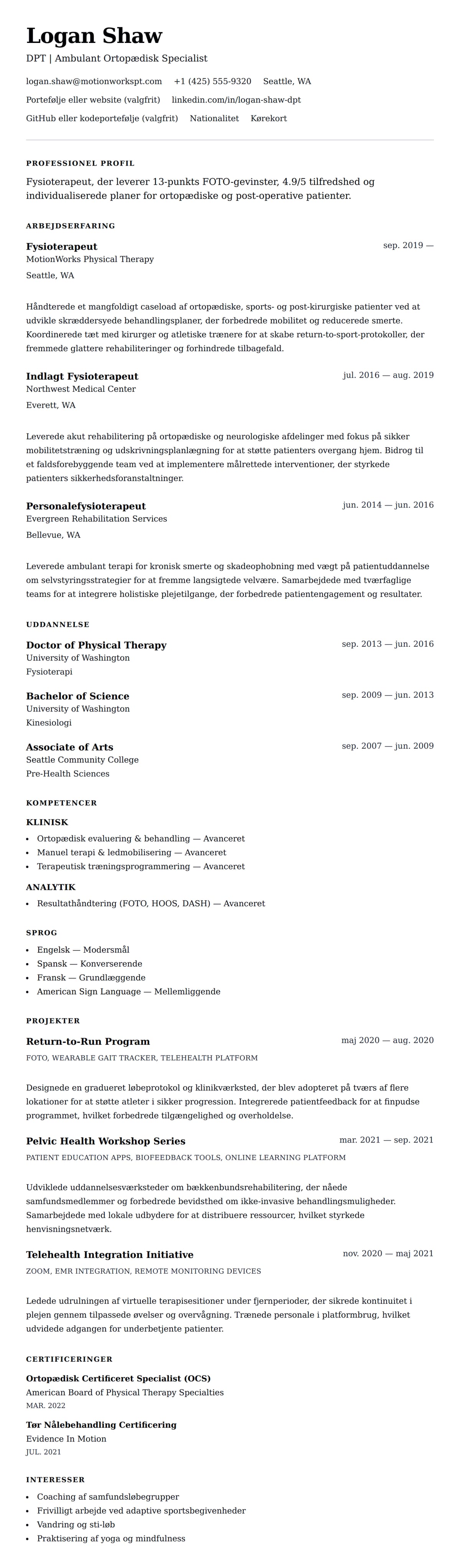 CV-forhåndsvisning for Fysioterapeut CV Eksempel