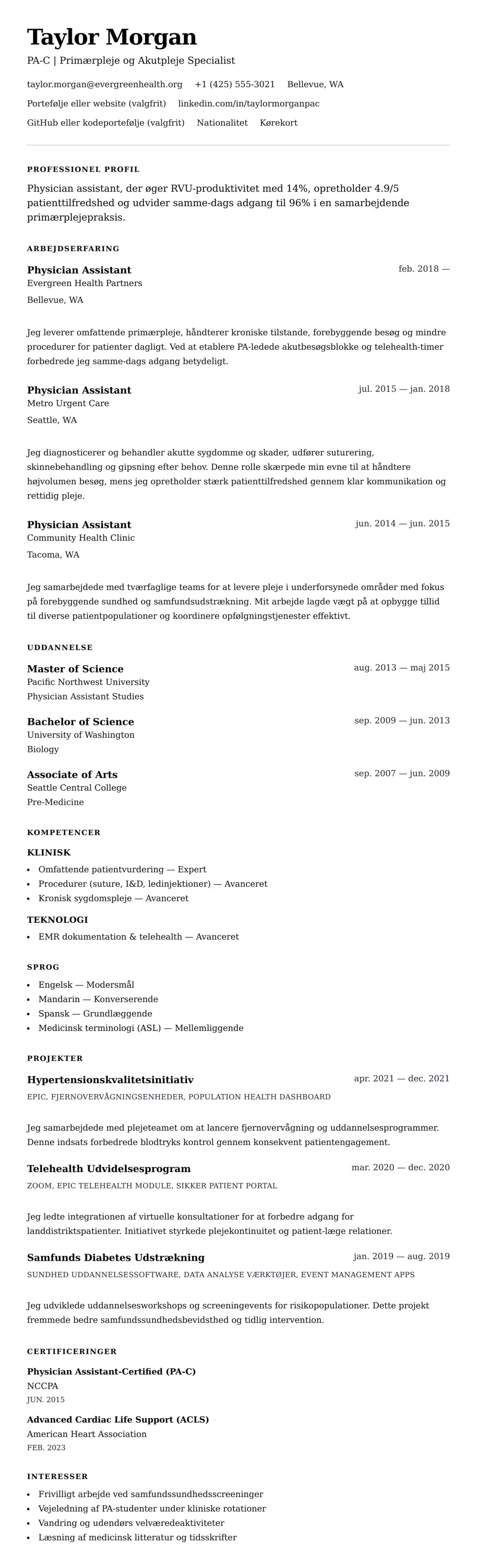CV-forhåndsvisning for Physician Assistant CV Eksempel