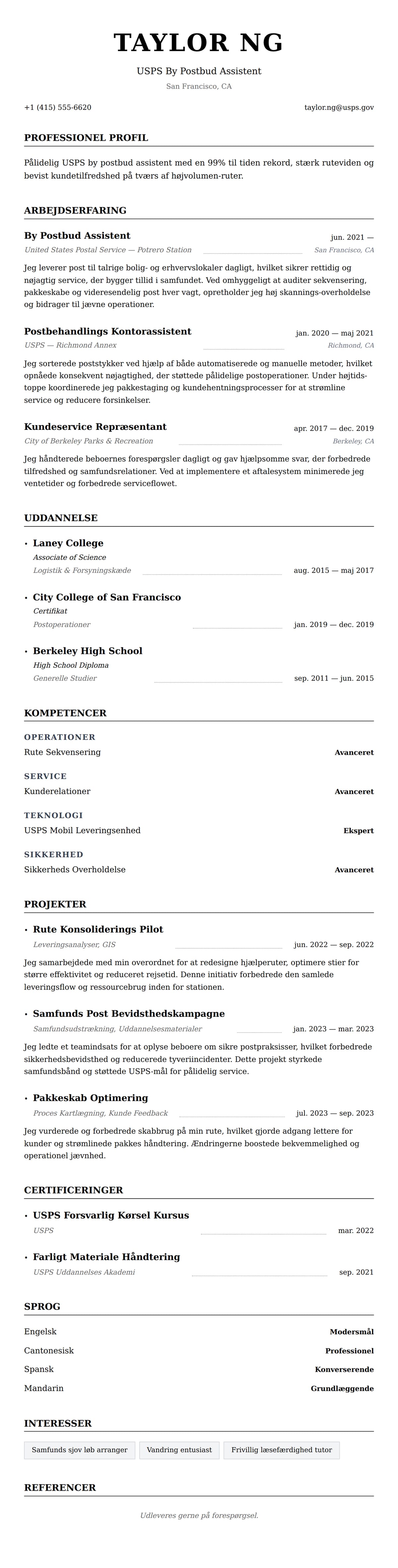 CV-forhåndsvisning for Postarbejder CV-eksempel