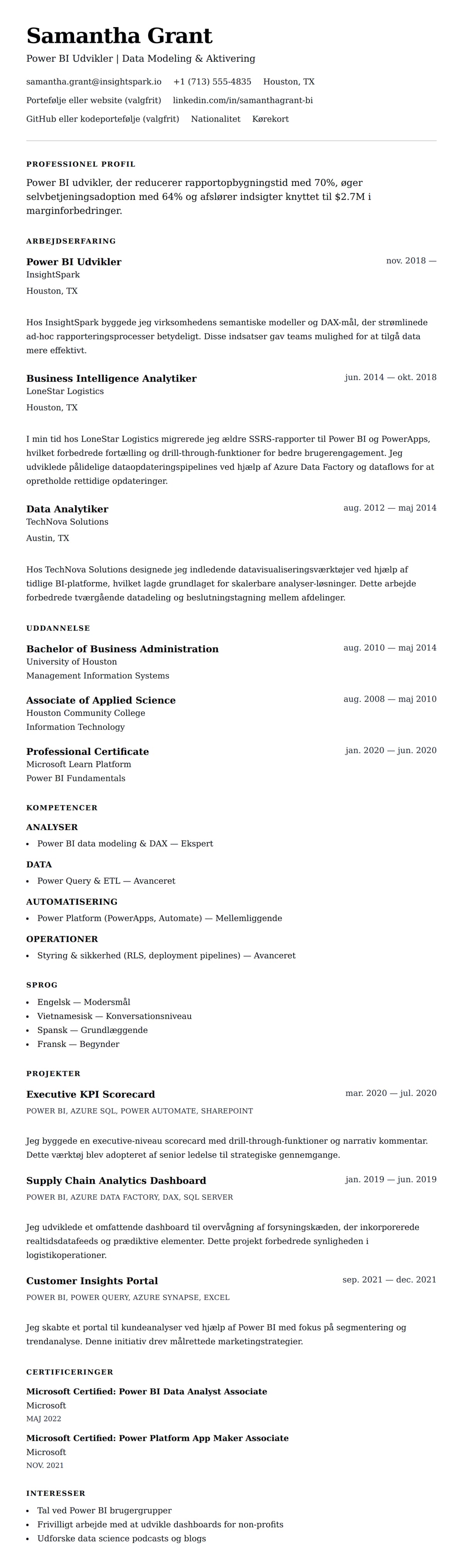 CV-forhåndsvisning for Power BI Udvikler CV Eksempel