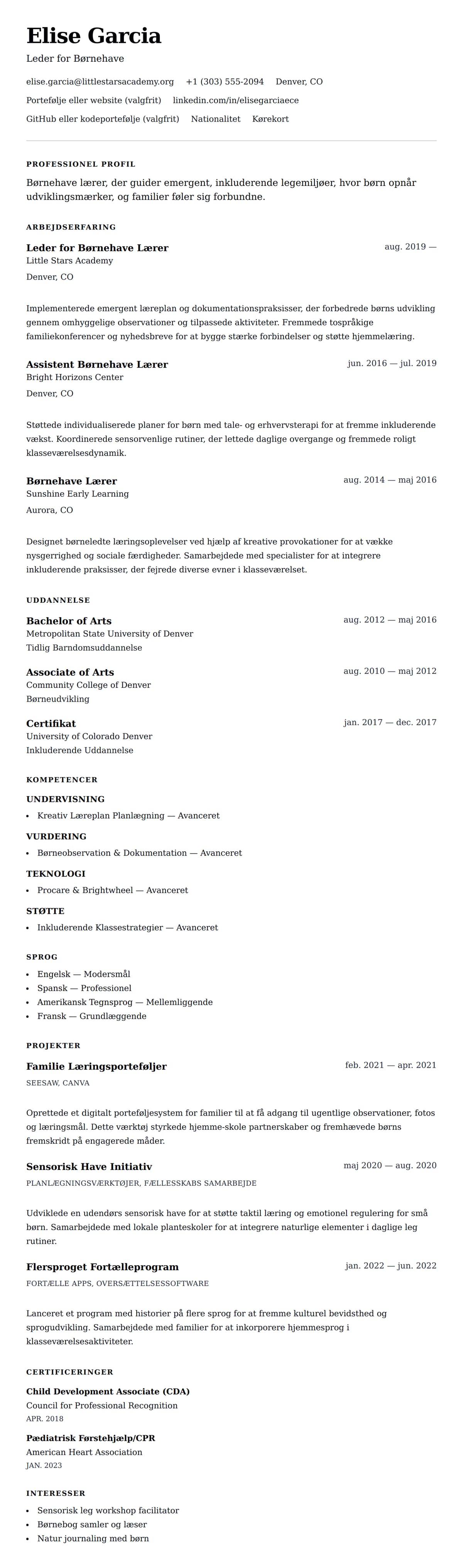 CV-forhåndsvisning for Børnehave lærer CV-eksempel