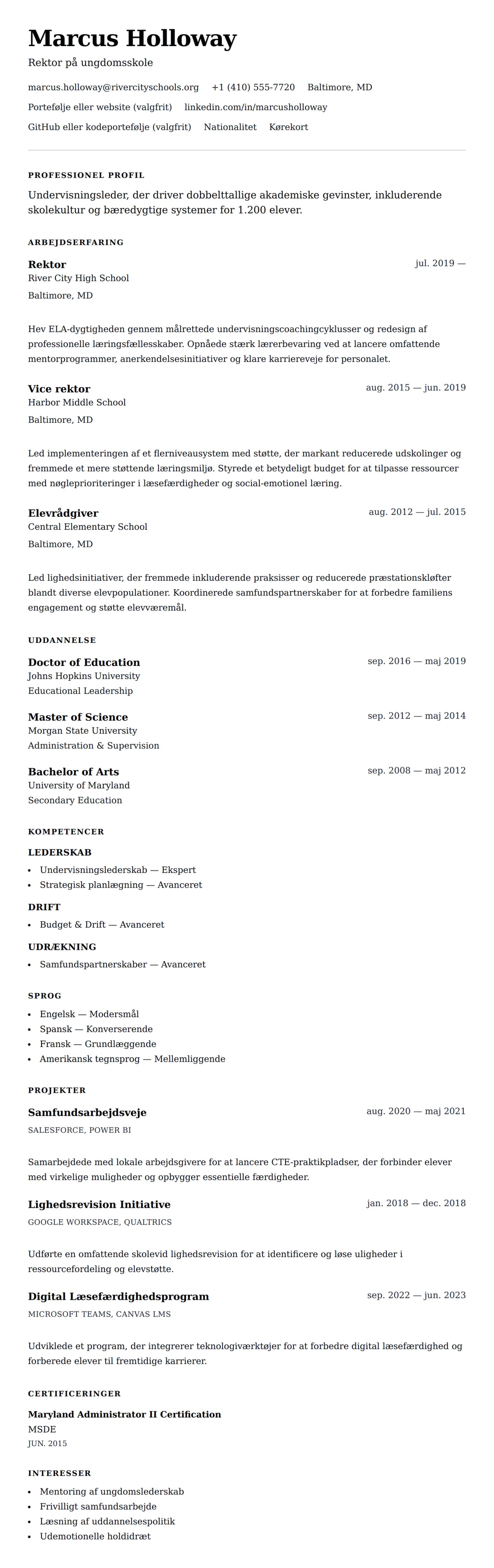 CV-forhåndsvisning for Eksempel på Skolerektor CV