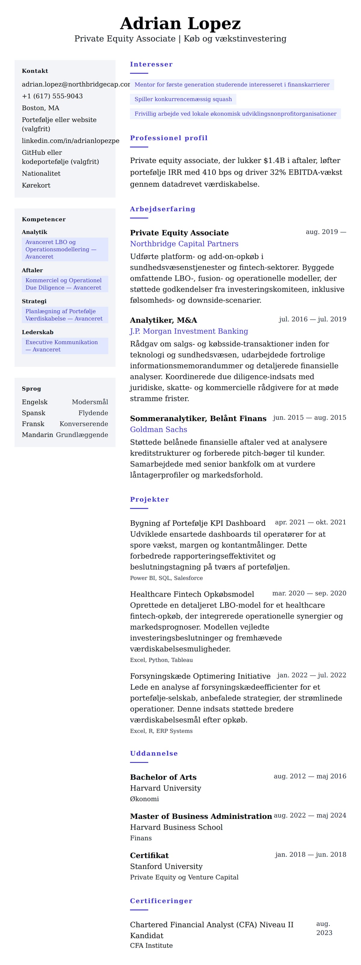 CV-forhåndsvisning for Eksempel på CV for Private Equity Associate
