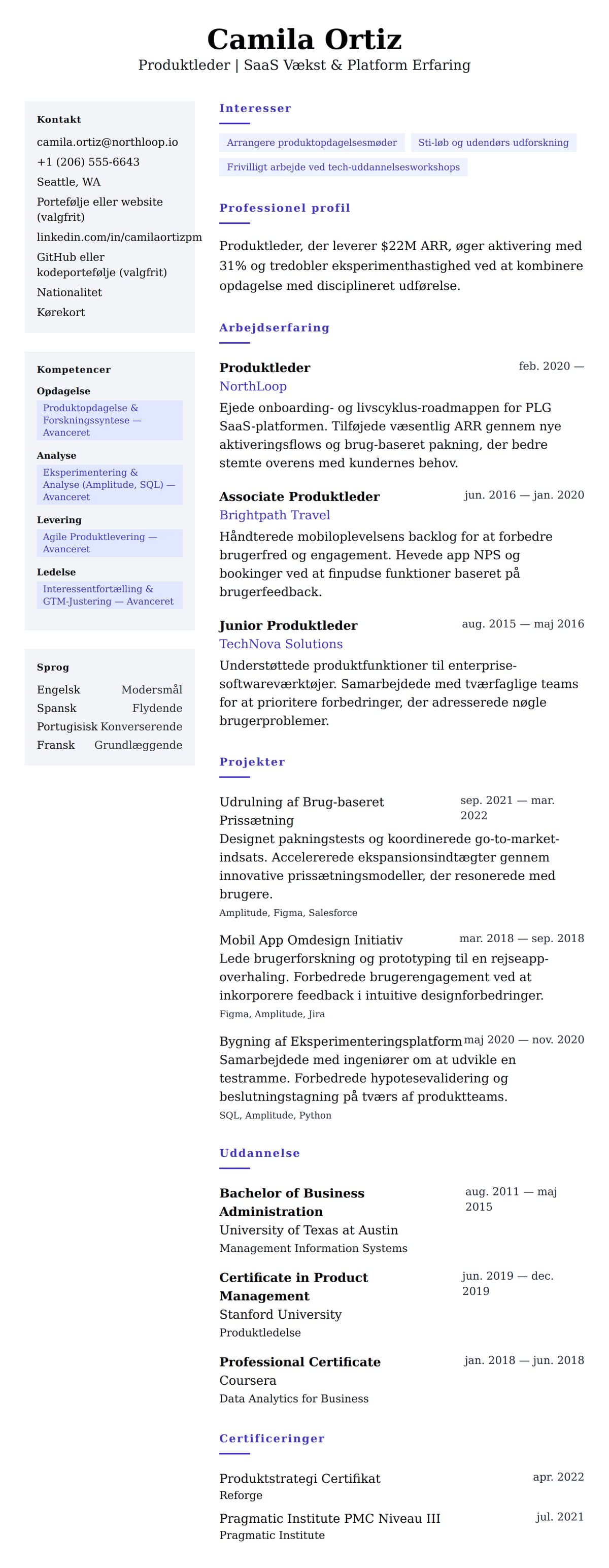 CV-forhåndsvisning for Produktleder CV-eksempel