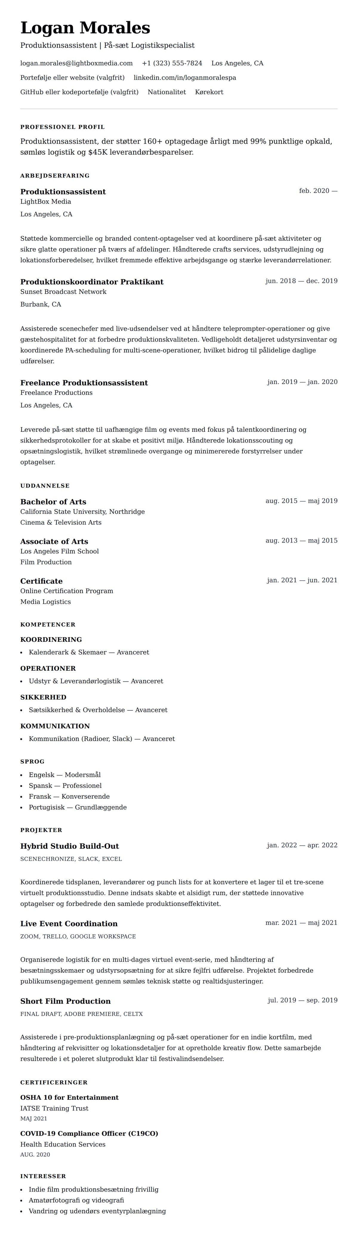 CV-forhåndsvisning for Produktionsassistent CV-eksempel