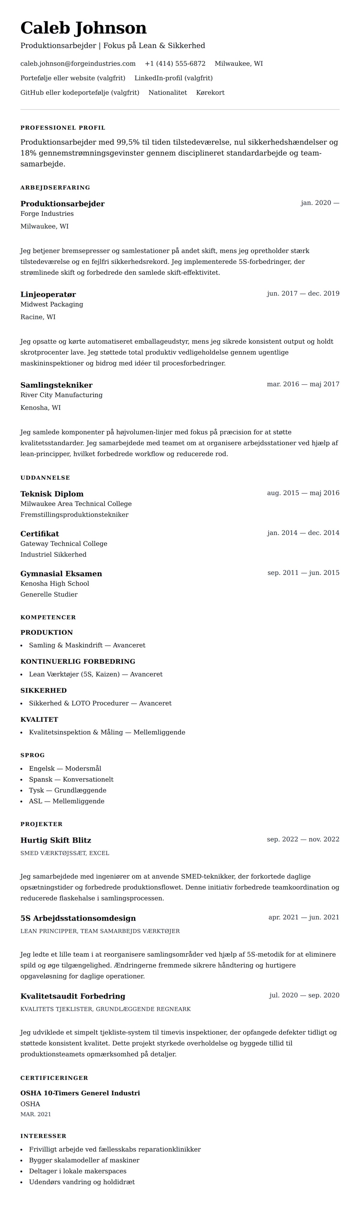 CV-forhåndsvisning for Produktionsarbejder CV Eksempel