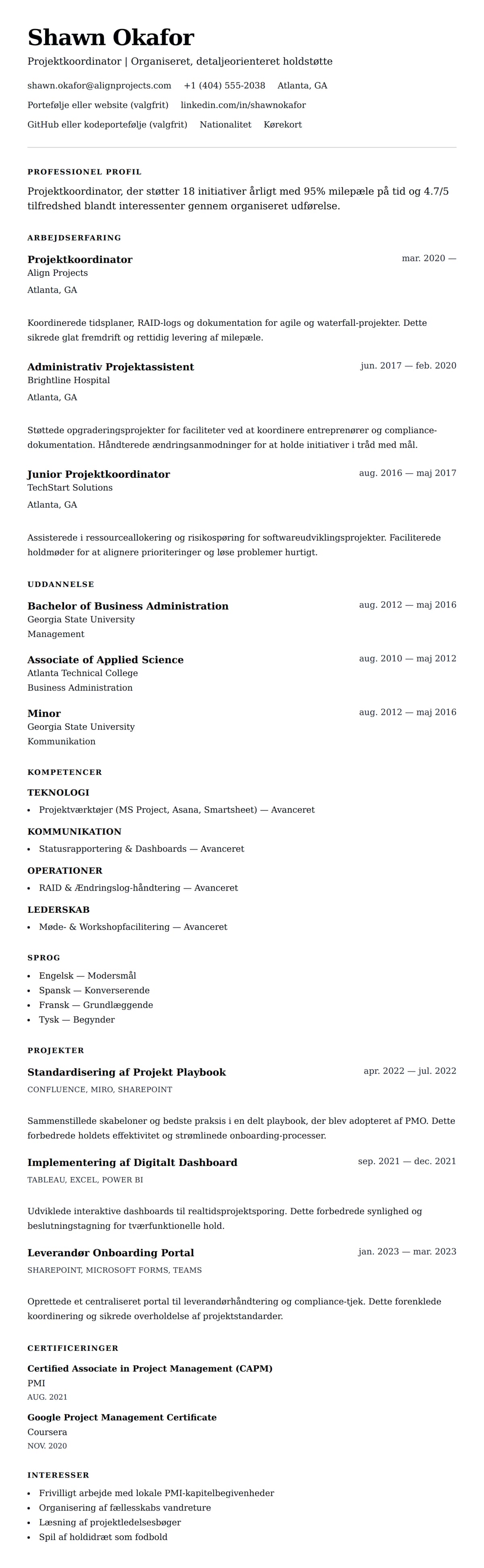 CV-forhåndsvisning for Projektkoordinator CV Eksempel