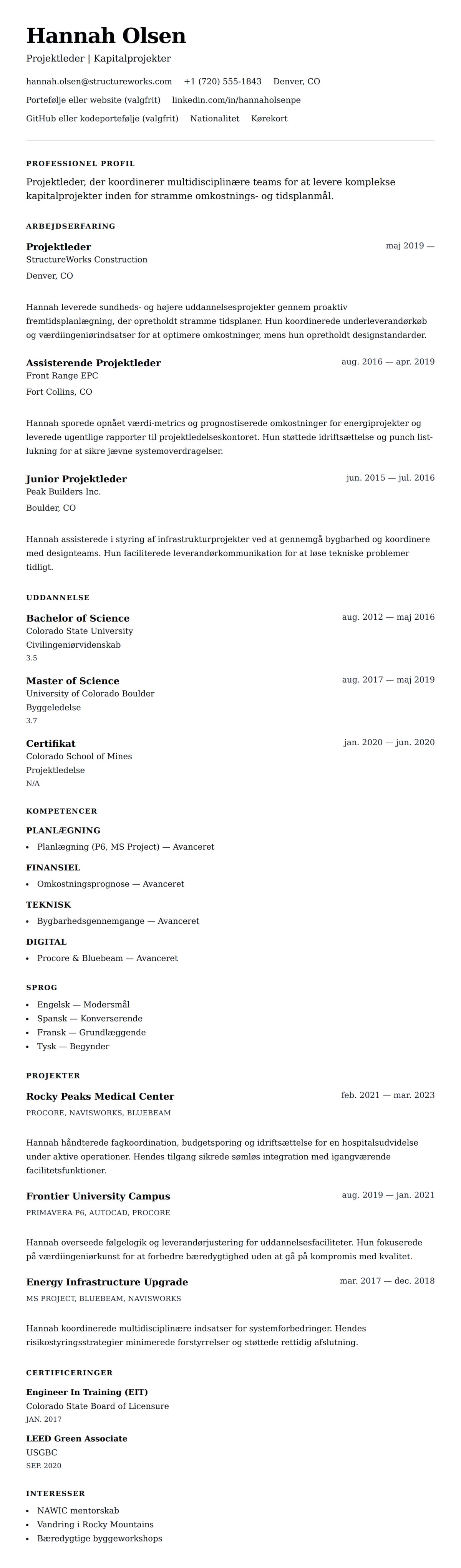 CV-forhåndsvisning for Projektleder CV-eksempel