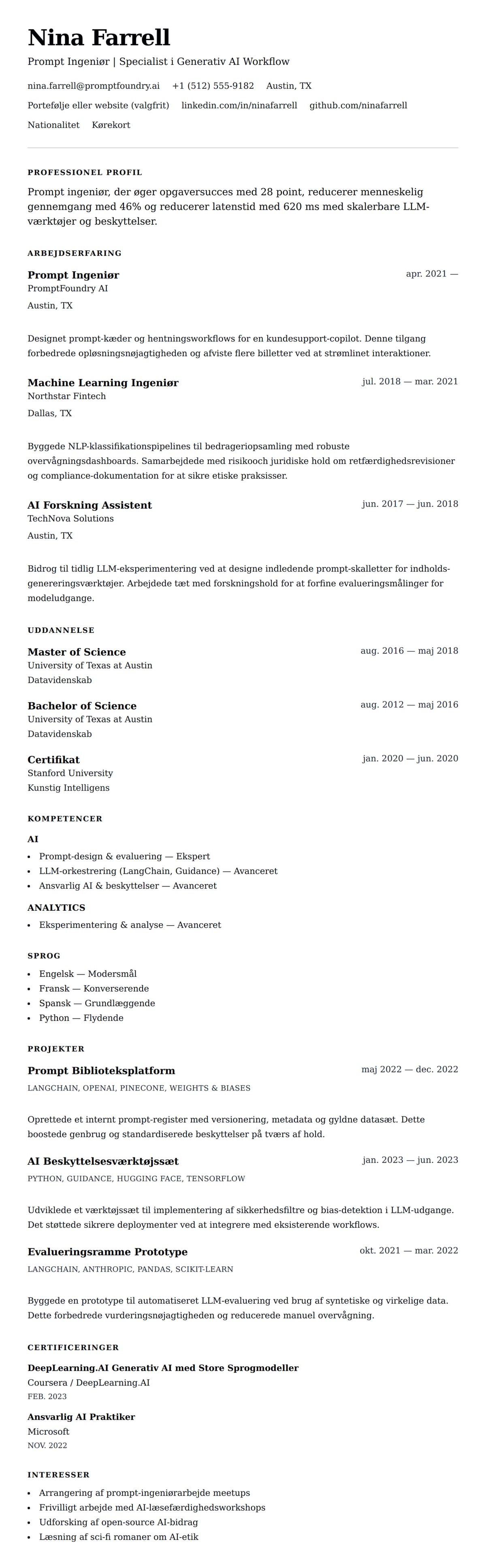 CV-forhåndsvisning for Prompt Ingeniør CV Eksempel
