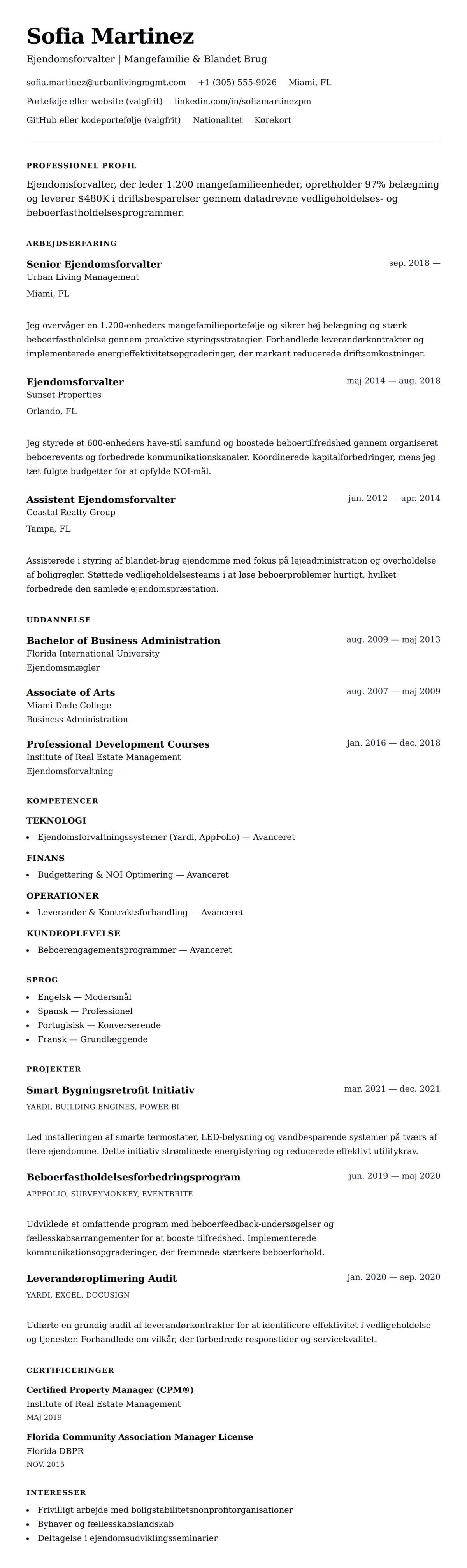 CV-forhåndsvisning for Ejendomsforvalter CV Eksempel
