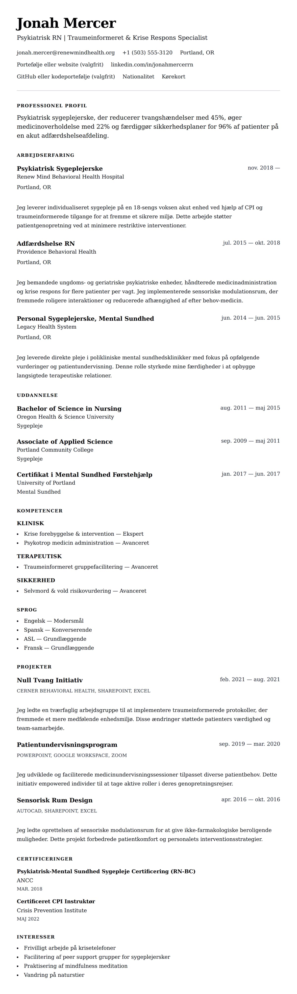 CV-forhåndsvisning for Psykiatrisk Sygeplejerske CV Eksempel