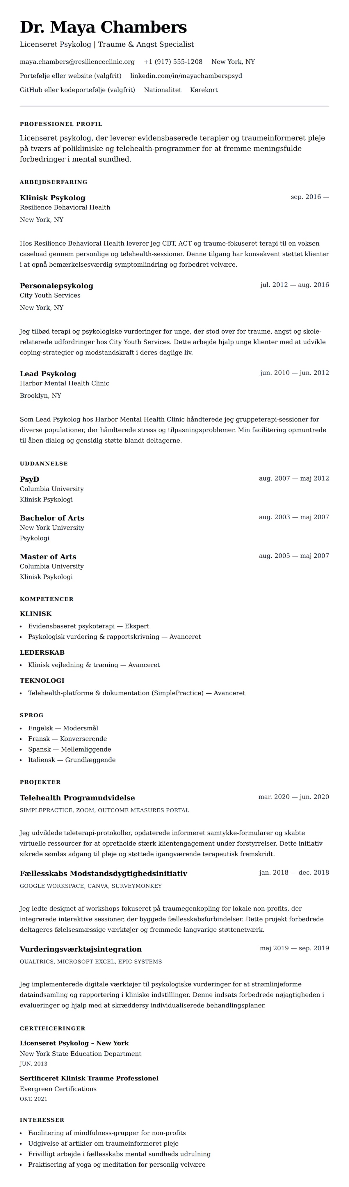 CV-forhåndsvisning for Psykolog CV Eksempel