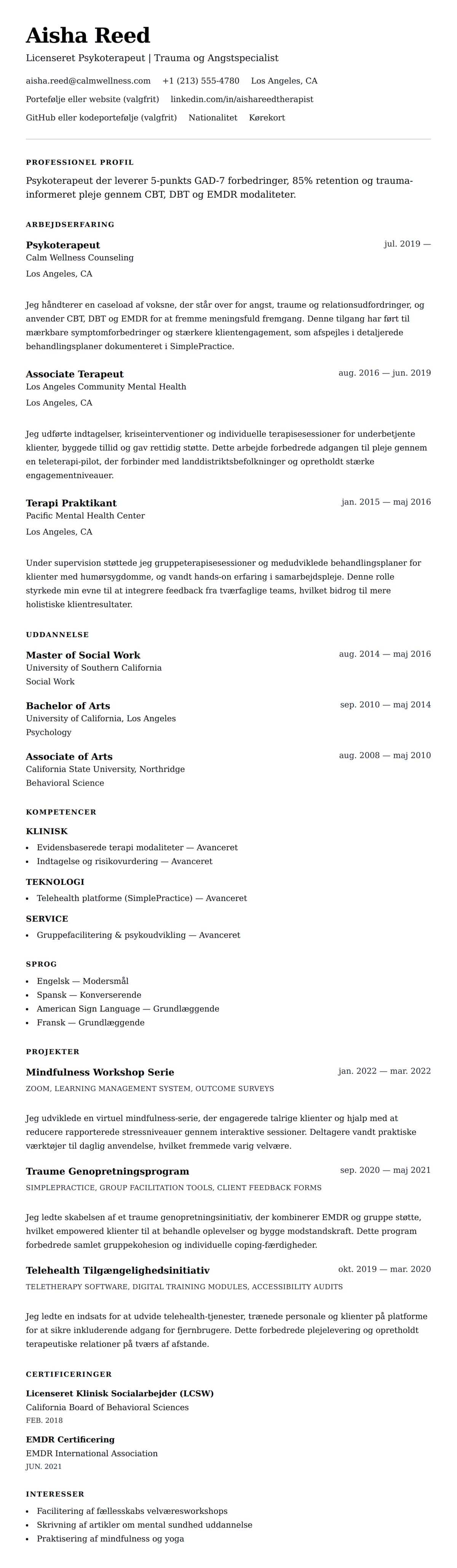 CV-forhåndsvisning for Psykoterapeut CV Eksempel