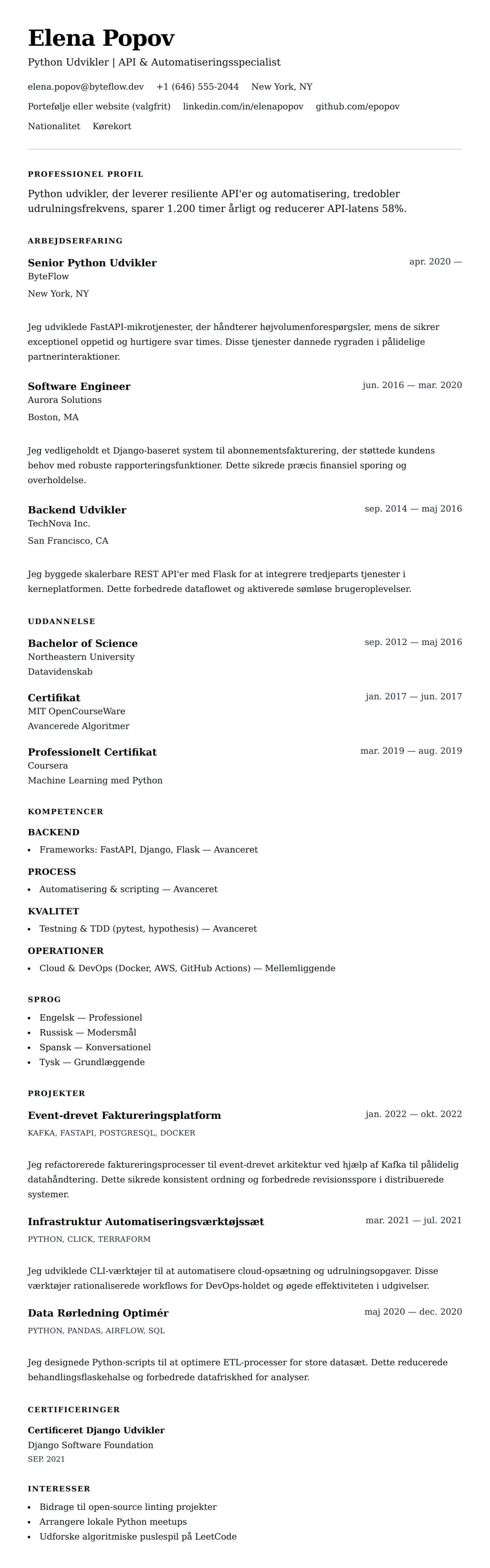 CV-forhåndsvisning for Python Udvikler CV Eksempel