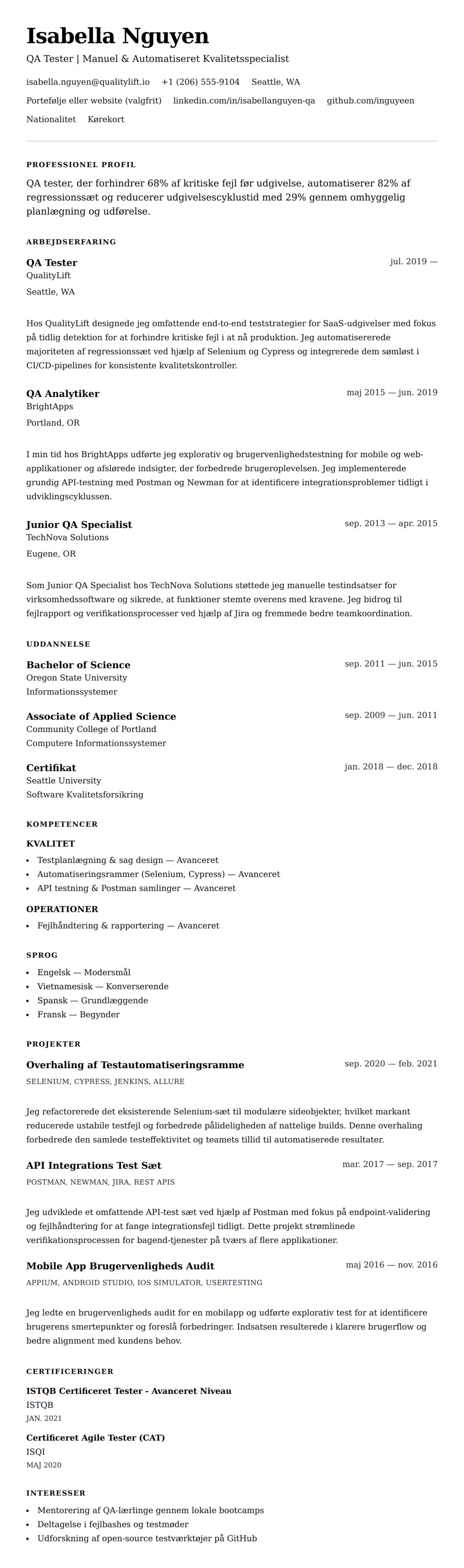 CV-forhåndsvisning for QA Tester CV Eksempel