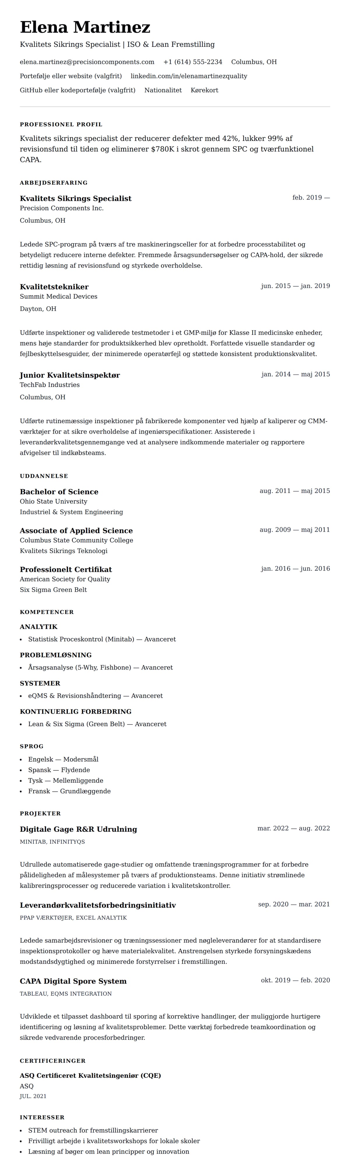 CV-forhåndsvisning for Kvalitets Sikrings Specialist CV Eksempel