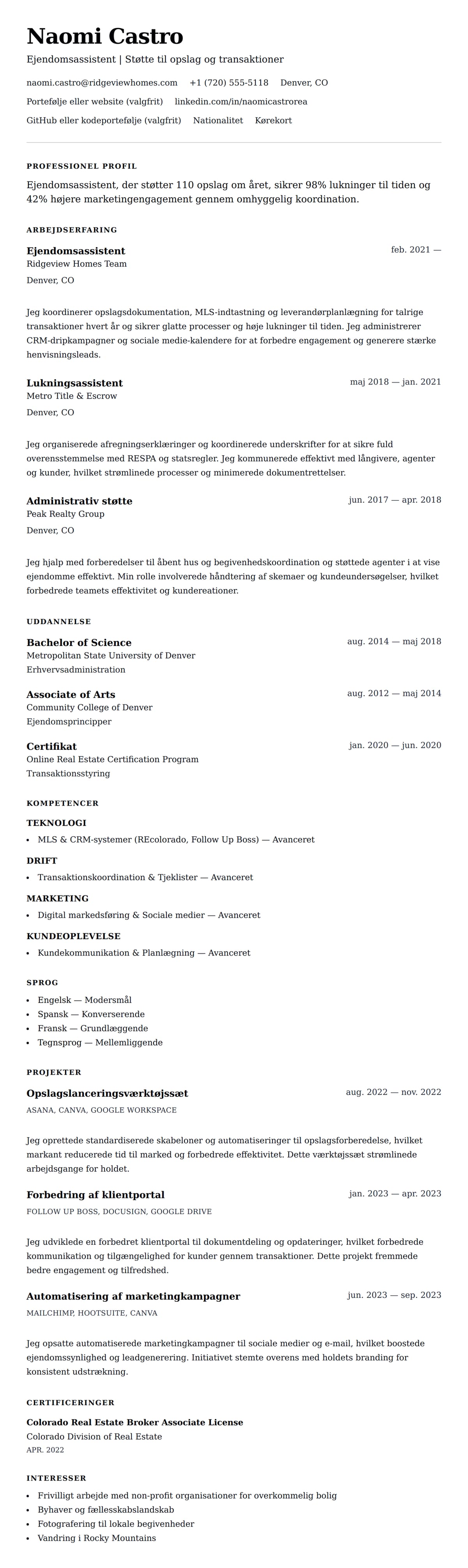 CV-forhåndsvisning for Ejendomsassistent CV Eksempel