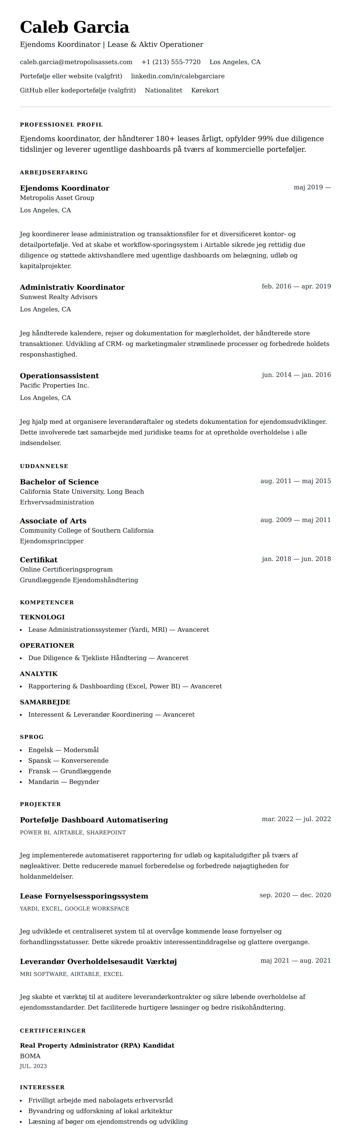 CV-forhåndsvisning for Ejendoms Koordinator CV Eksempel