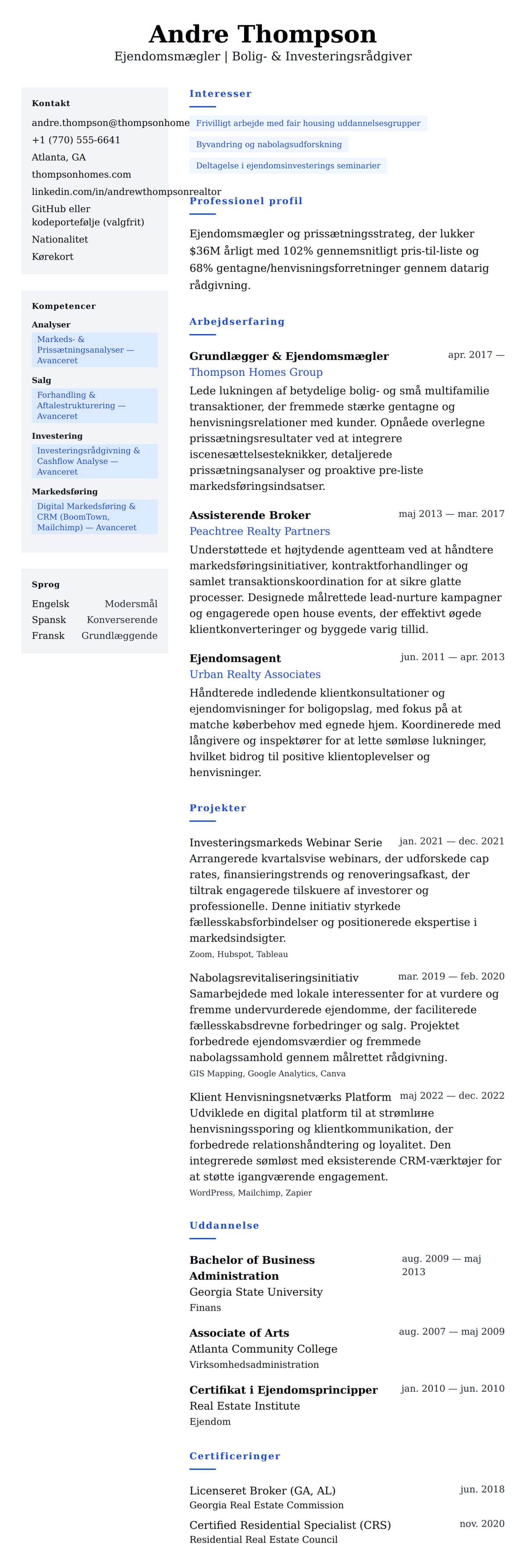 CV-forhåndsvisning for Ejendomsmægler CV Eksempel