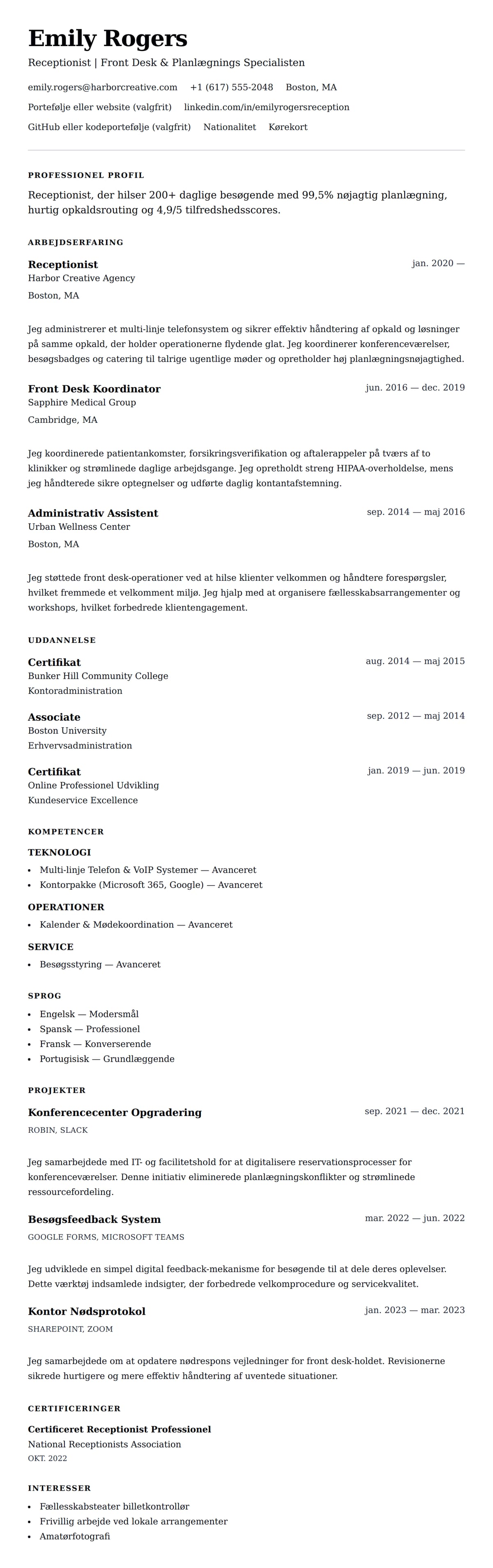 CV-forhåndsvisning for Receptionist CV Eksempel