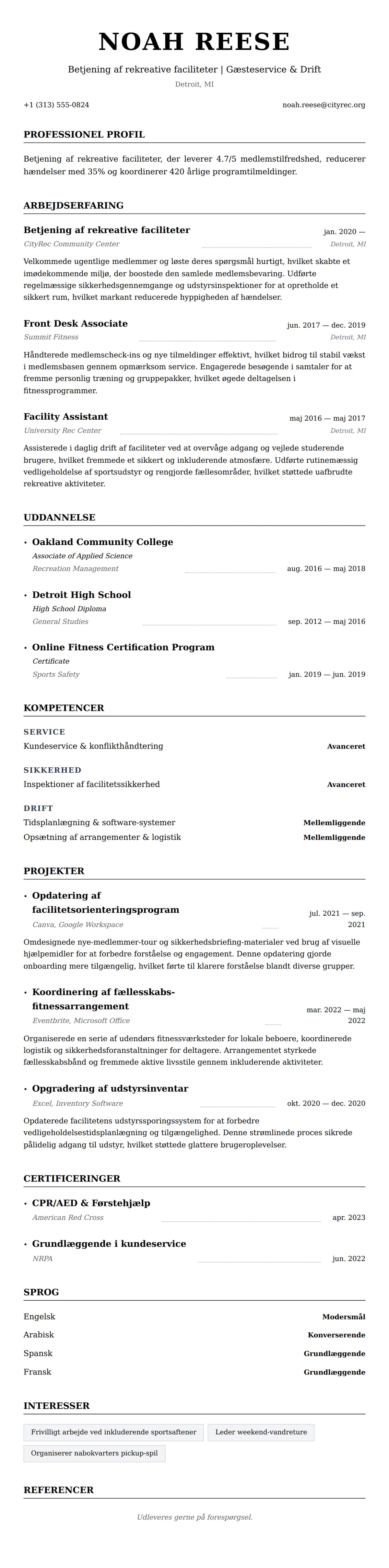 CV-forhåndsvisning for Eksempel på CV for Betjening af rekreative faciliteter