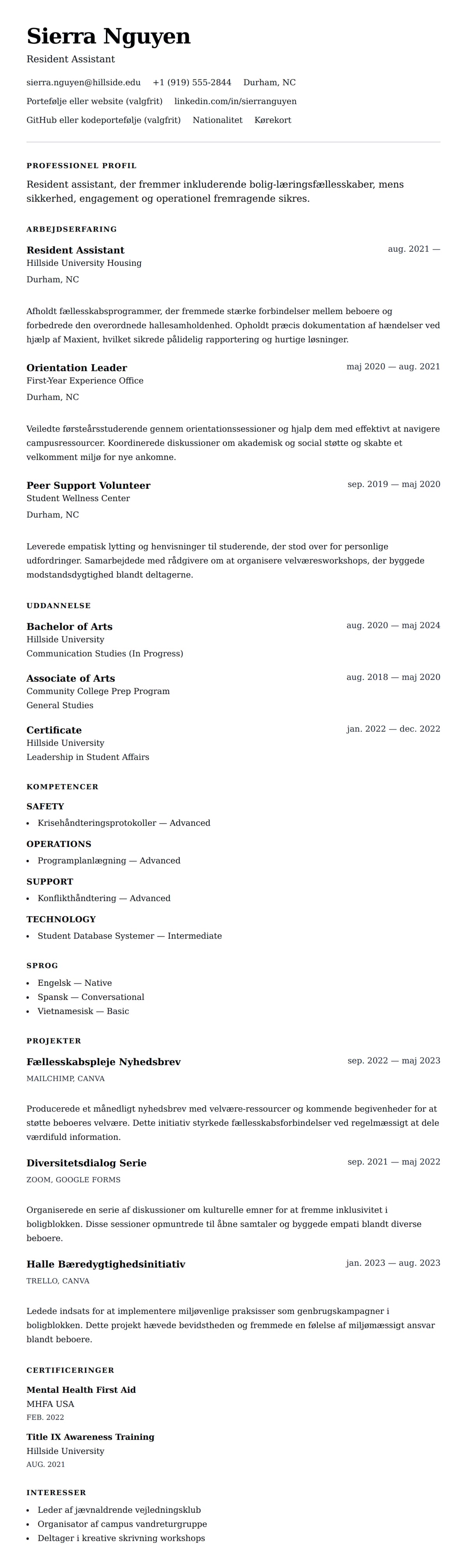 CV-forhåndsvisning for Resident Assistant CV Eksempel